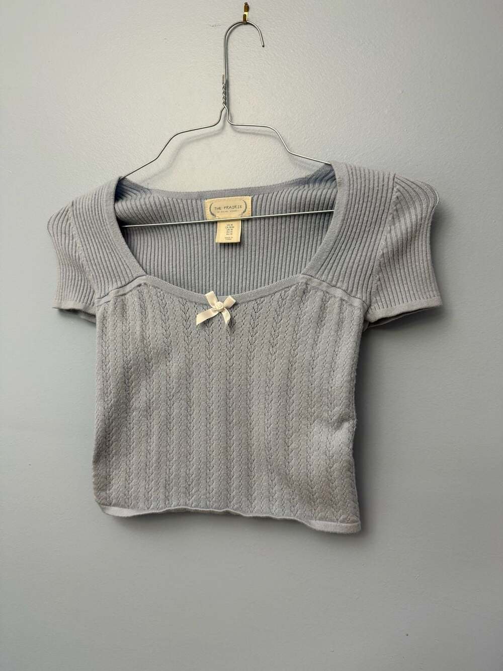 The Prairie Gray Ribbed Knit Crop Top with Bow Detail
